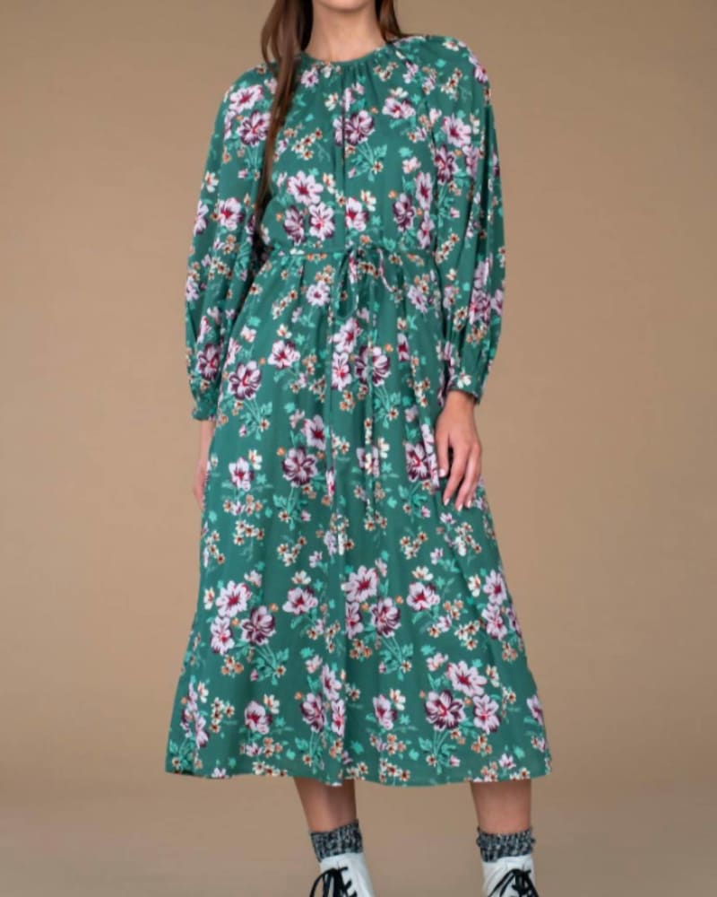 Front of a model wearing a size Large Evelyn Dress in Apres Floral in Apres Floral by Olivia James the Label. | dia_product_style_image_id:335900